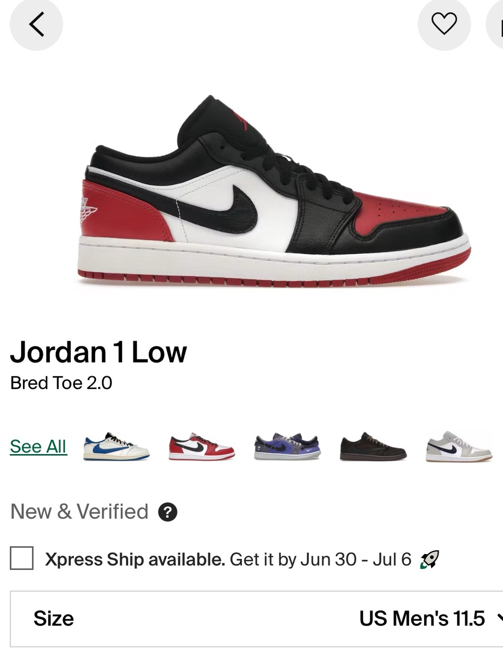 Jordan 1 Low “Bred Toe 2.0” Men’s Size 11.5 - Picture 9 of 9